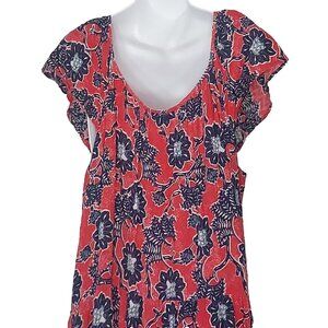 Knox Rose Maxi Dress XL Boho Tiered Hem Red Blue Floral Short Sleeve Pockets